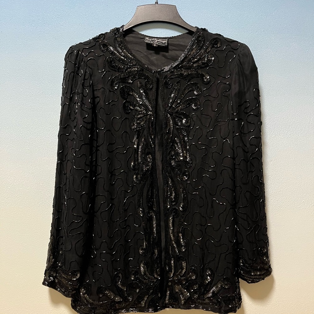 Elegant Black 3/4 Sleeve Sequin Blouse